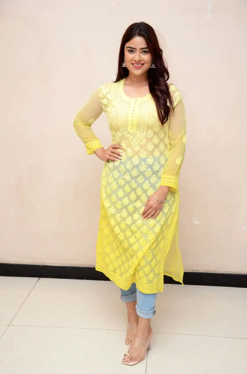 Beautiful Indian Girl Priyanka Sharma in Traditional Lemon Yellow Dress